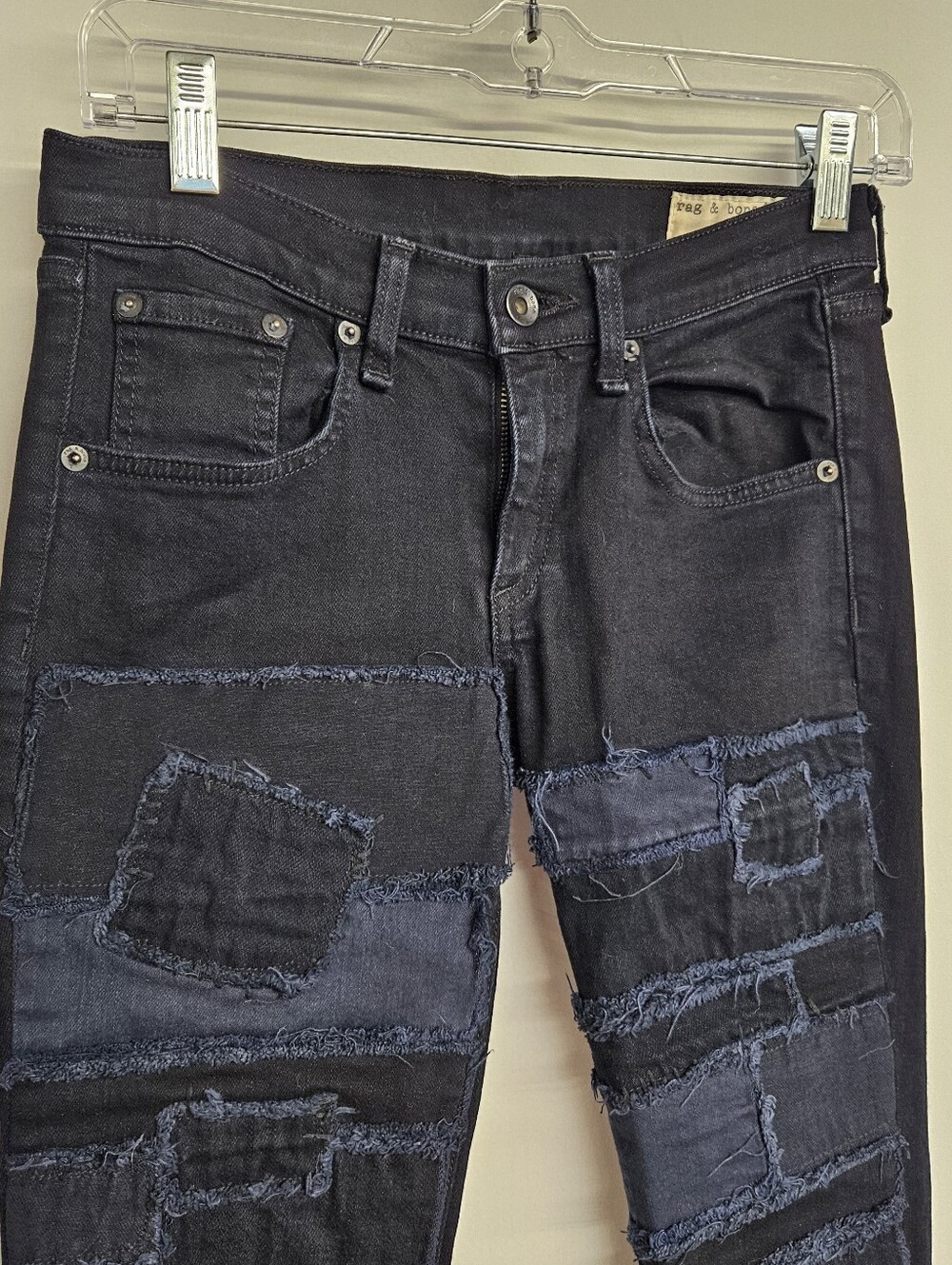 RAG & BONE Skinny Patch & Repair Jeans in Torn Coal(Navy w Black Overdye)Size 25 - Picture 2 of 14